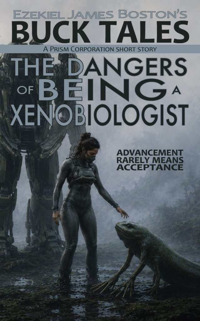 Cover of The Dangers of Being a Xenobiologist by Ezekiel James Boston: a woman in a gray exosuit and respirator reaches toward a salamander-like alien in dark mud, a towering mech in the mist behind her.